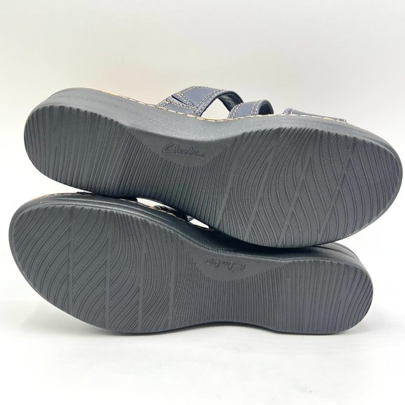 Clarks Size 11 Merliah Coral Navy Blue Leather Low Wedge Slip On Sandals Shoes - Picture 10 of 15